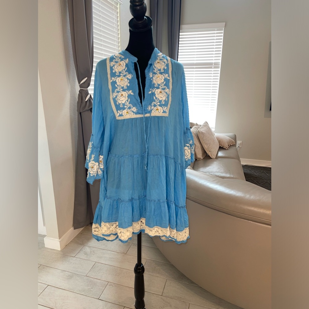 Miss June Cecelia bohemian cotton Short Dress in Blue One Size